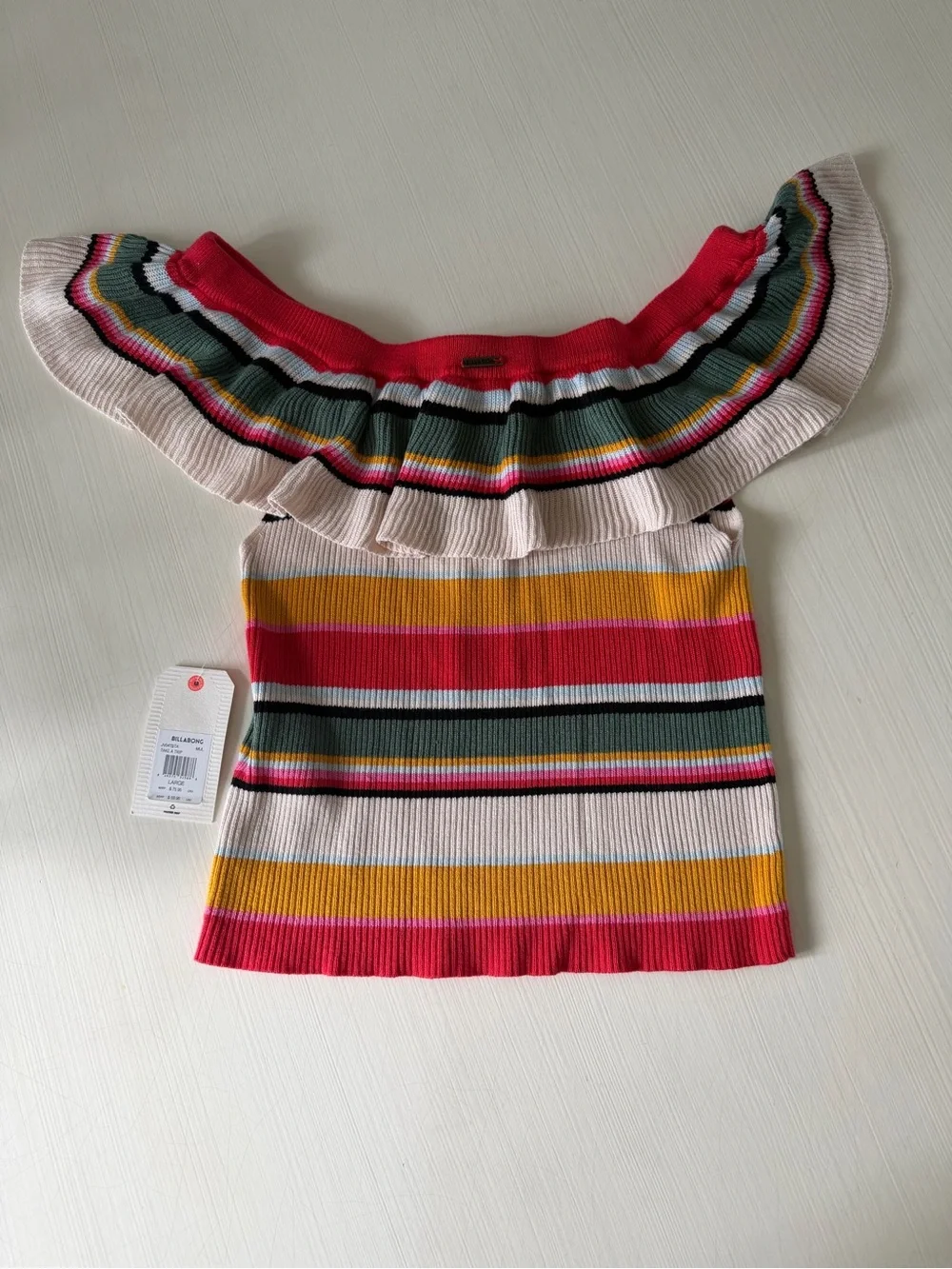 Billabong Pink, Yellow & Green Striped Ruffle Off-Shoulder top